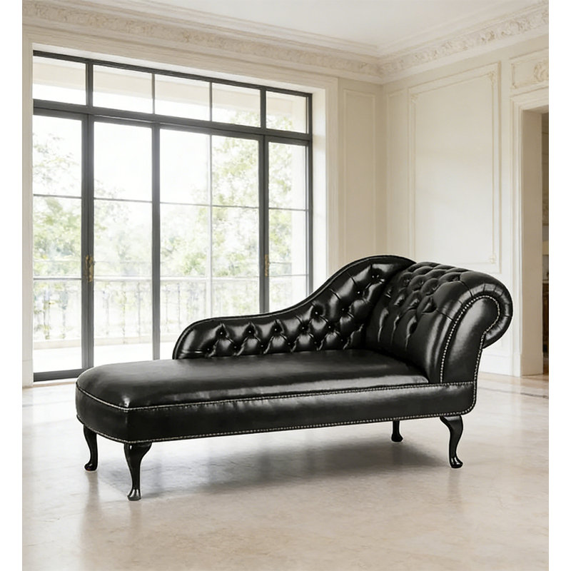 Chaise longue de style campagnard américain en bois massif et cuir pour chambre et salon, Face à la droite, Noir
