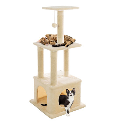 44 Inch Tall Cat Tree Tower - Cat Tower with Napping Perches, Kitten Condo, 4 Rope Scratching Posts, and Hanging Toy - Multi-Level Kitten Tree and Climbing Activity Furniture by PETMAKER (Beige)