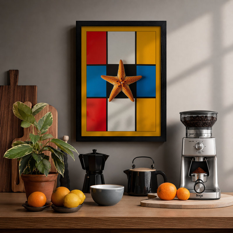 Starfish on Grid Geometric - Framed Print, Black, A3 - 42.0 x 29.7 cm
