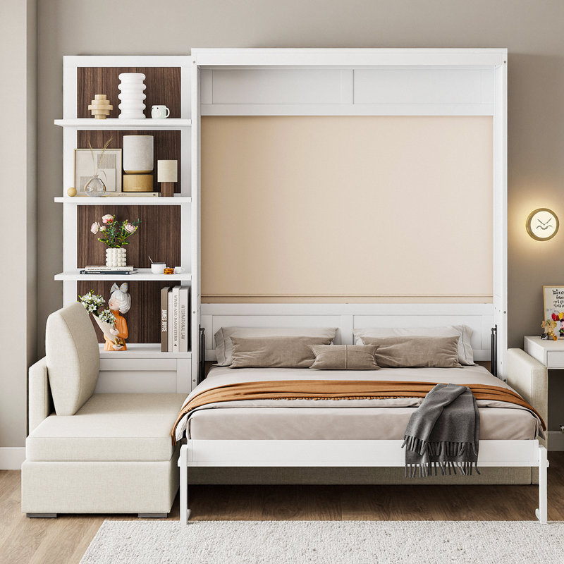 Grand lit escamotable avec canapé et fonction intégrée, Blanc