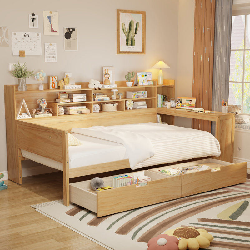Wooden Twin Size Daybed with Storage, Drawers, and Desk, Natural