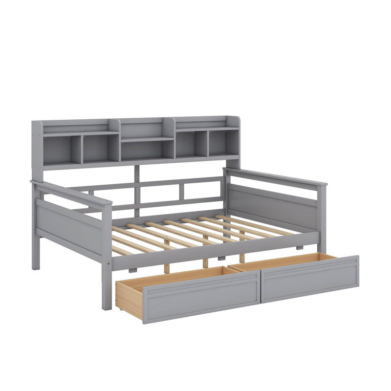 Lit de jour double, support en lattes de bois, avec tablette de chevet et deux tiroirs, Gris, Lit double