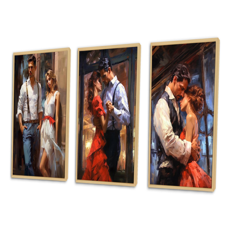 «Before The Dance Young Couple Peinture», 3 pièces sur toile, Cadre naturel flottant, H 32 po x l 48 po
