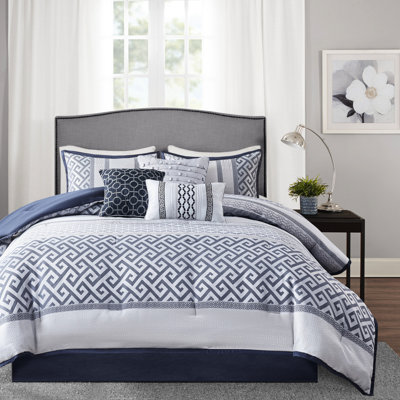 7 Piece Comforter In Navy King - Traditional Woven Motifs Bedding Style With A Twist
