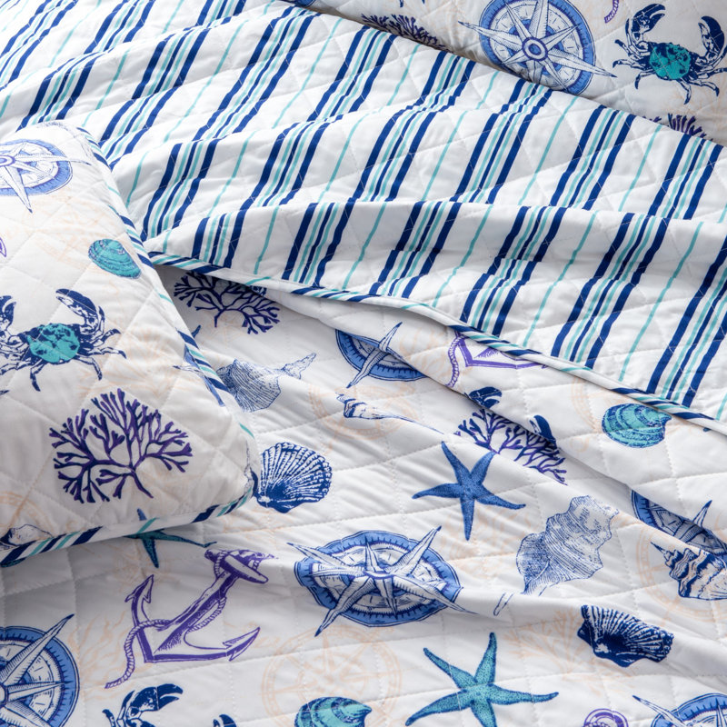 Blue / Navy Nautical Reversible Quilt Set with Shams, King Quilt + 2 King Shams