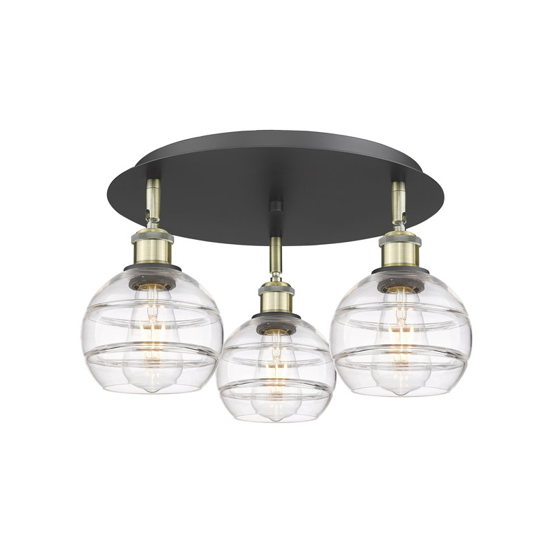 Plafonnier semi-encastré Glassoff, Transparent, H 8,88 po x l 17,63 po x P 17,63 po, Laiton antique noir