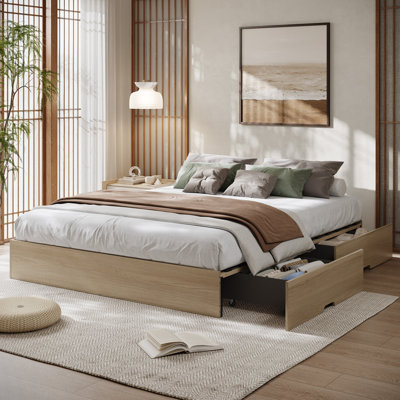 Bed Frame with 2 Storage Drawers, Wooden Low Profile Bed Frame, No Headboard