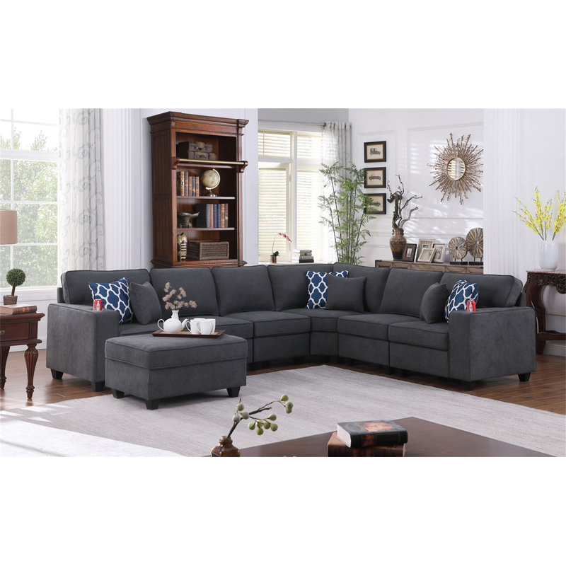 Canapé modulaire en L gris foncé de 7 po avec repose-pieds et porte-gobelet Cooper, Lin gris foncé
