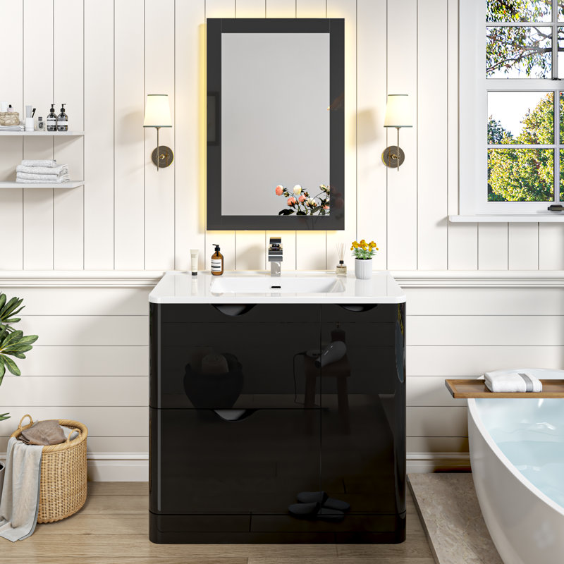36" Bathroom Vanity Set with Sink, Mirror & Faucet Included, Space-Saving Freestanding Bathroom Cabinet with  2 Drawers & Soft-Close Doors