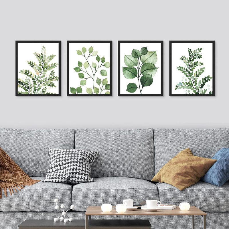 " Green Pastel Forest Fern Leaf " 4 - Pieces, 10" H x 8" W x 1" D, Black Framed