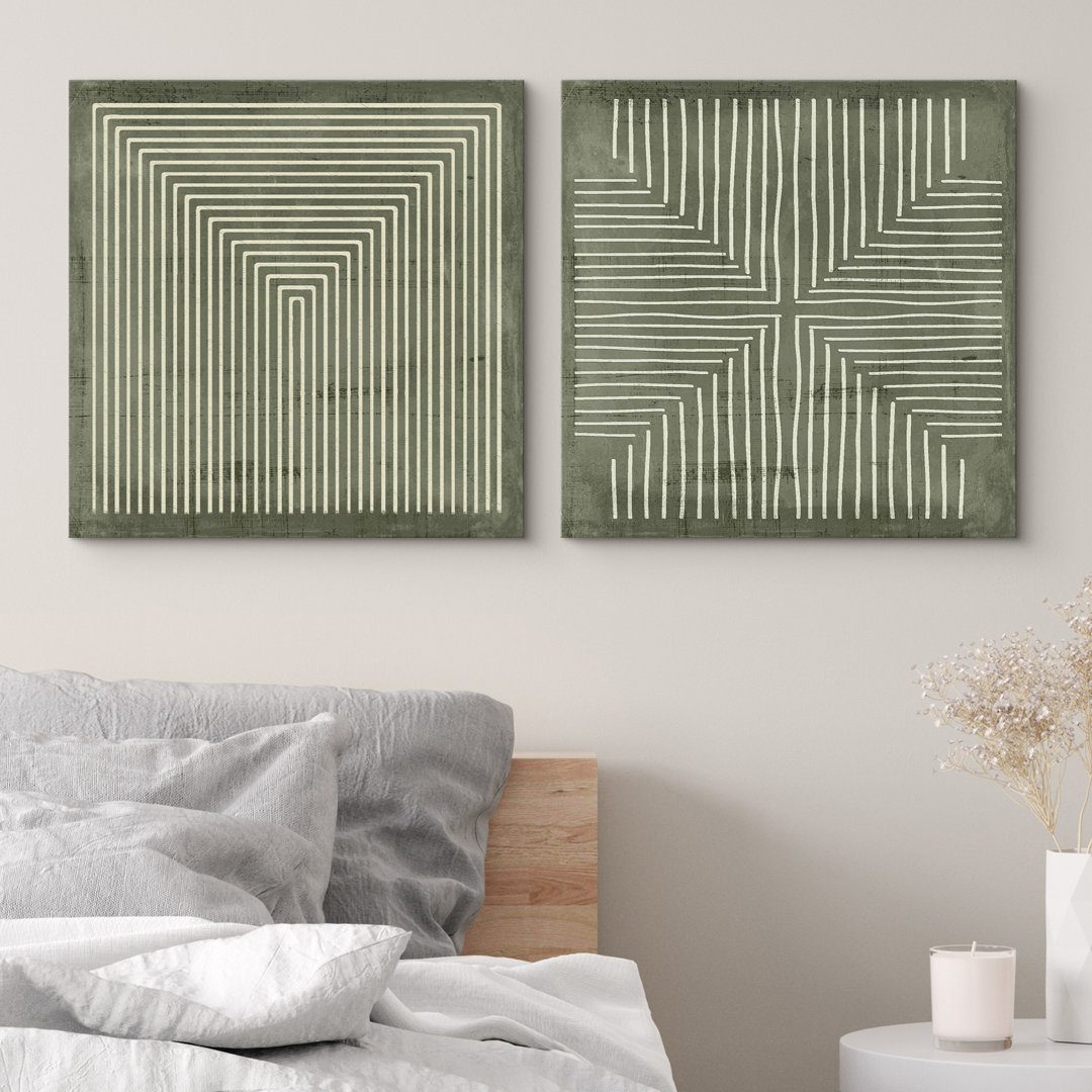 Geometric Line Pattern Wall Decor - Minimalist Neutral Abstract Artwork - Framed Canvas Master Bedroom Wall Art Work 2 Pieces Print