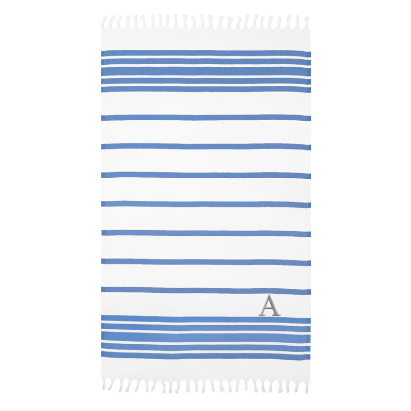 Herringbone Cotton Beach Towel, A, Royal Blue/Grey