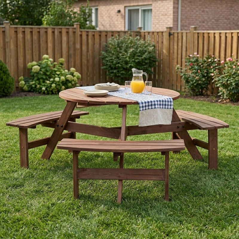 Anamur 66.9'' Outdoor Picnic Table with 3 Integrated Benches, Round Outdoor Table with Umbrella Hole, Brown