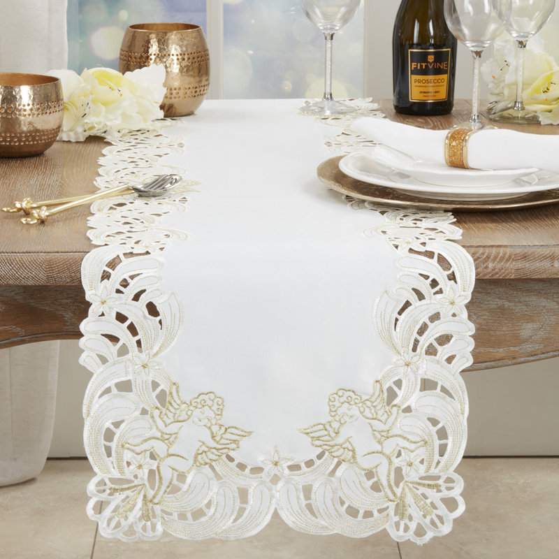 Embroidered Angel Cherub Holiday Table Runner, Ivory, 108" x 15"