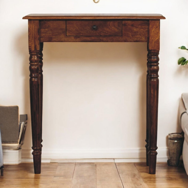 Console en bois, pieds tournés, 1 tiroir, châtaignier, brun