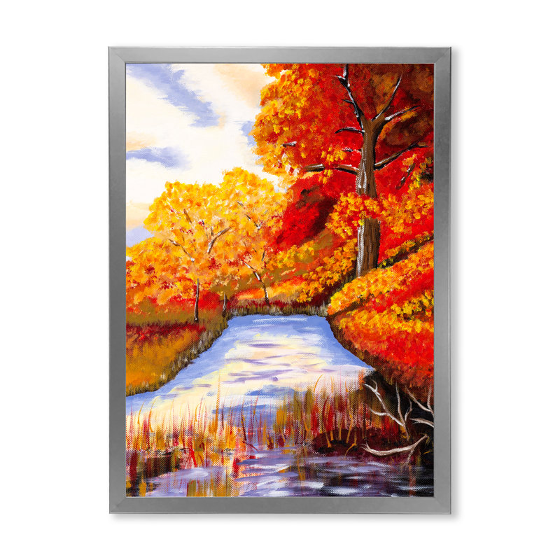 Vue de campagne pendant l'automne - peinture sur toile, Toile avec cadre photo argenté, H 20 po x l 12 po x P 1 po