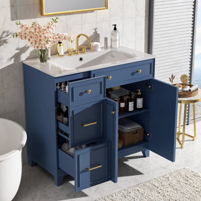 Meuble-lavabo moderne 36 po avec lavabo en céramique - tiroir standard et tiroir double couche, 2 portes à fermeture douce avec tablettes réglables, armoire de rangement autoportante pour les petites et moyennes salles de bain