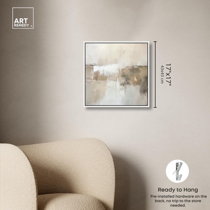 «Windswept Reverie I», toile minimaliste abstraite par Art Remedy, H 17 po x l 17 po x P 1,8 po, Cadre flottant blanc