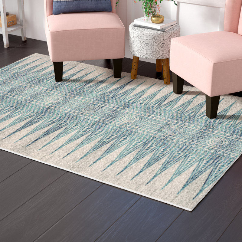 Tapis ivoire et turquoise de style Sud-Ouest Allard, Rectangle 6 pi 7 po x 9 pi