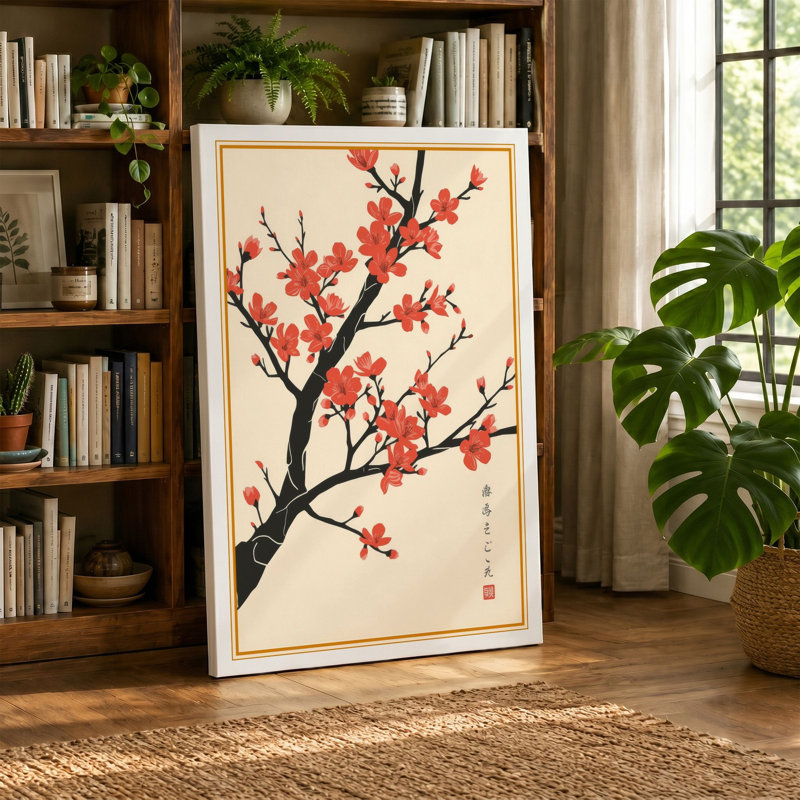Moonlit Cherry Blossom Japandi - Wrapped Canvas, 24x16 - 61.0 x 40.6 cm, Black Border