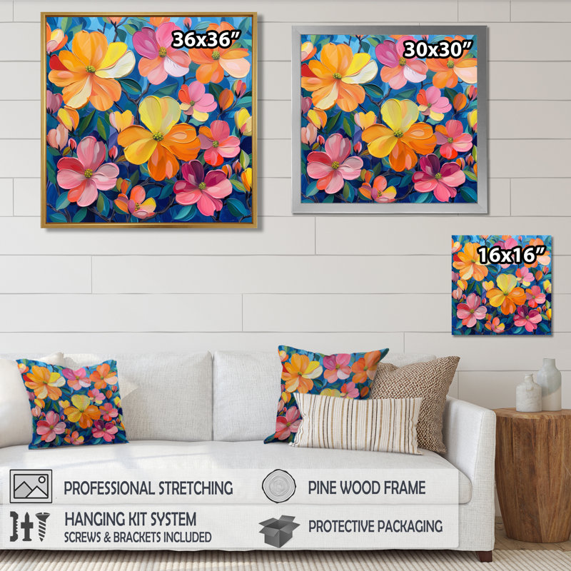 Rose, orange, vibrant, cornouiller II - cornouiller, art mural, Toile avec cadre flottant or, H 36 po x l 36 po x P 1,5 po