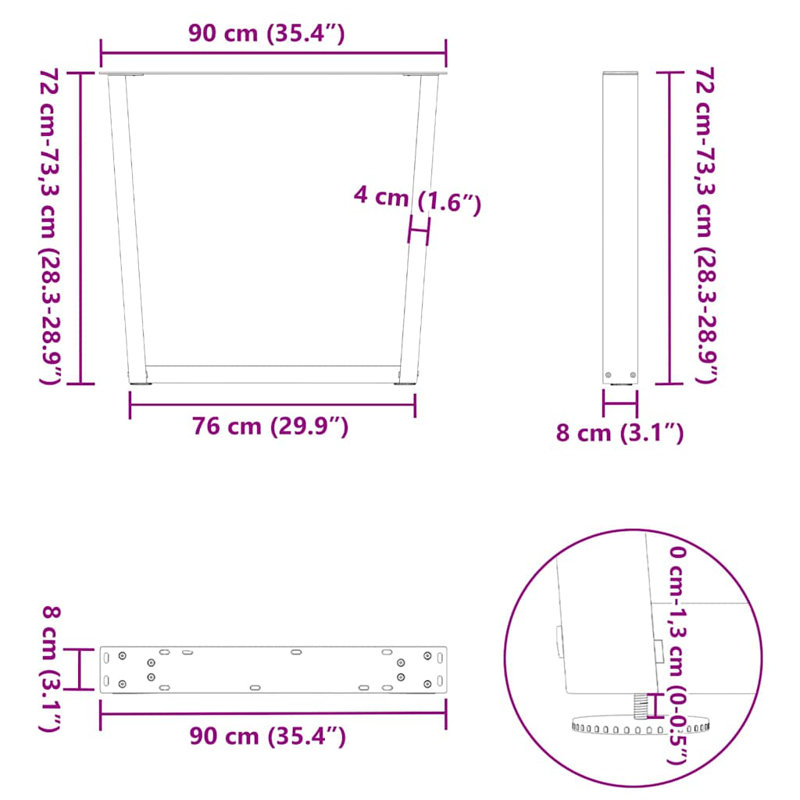 Table Leg, 73.3cm H x 90cm W, White