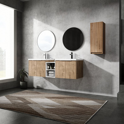 Bathroom Cabinet With Sink And Side Storage. Modern Chic, Feature. Plywood, Proof. Imitative Oak Hue 60" Vanity Unit. Style, Soundless . Robust Plentiful Storage Options. Tint