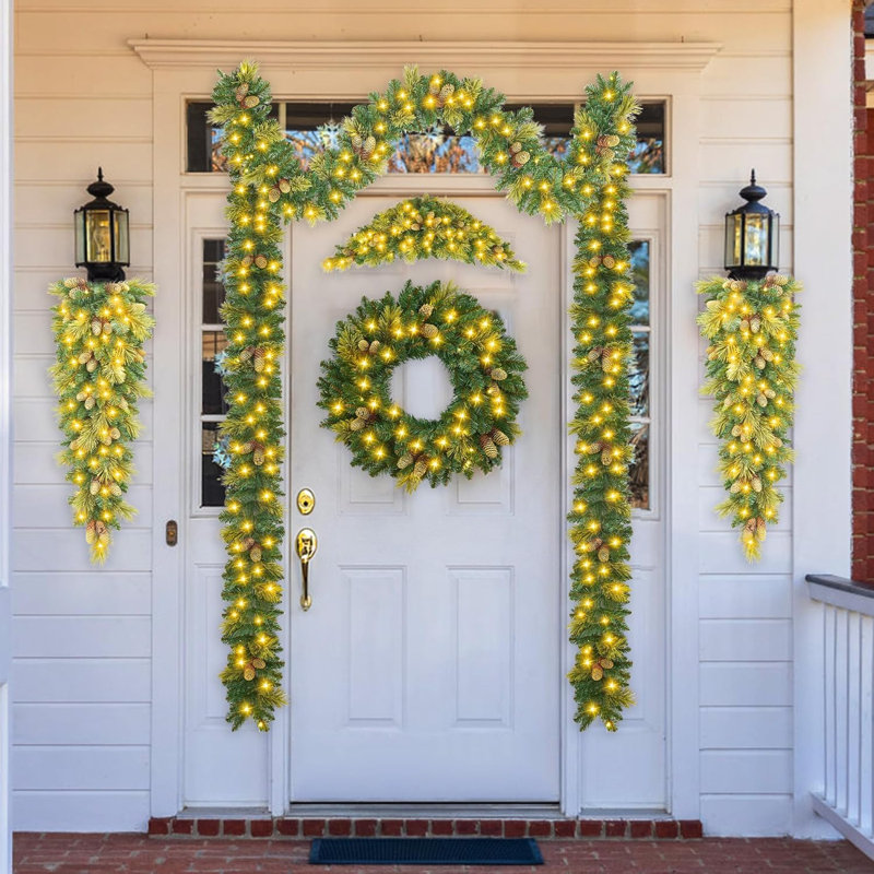 Ensemble de guirlande de Noël et de guirlandes de Noël avec lumières, à pile, décor de guirlande pré-éclairé avec portes en pin pour manteau de cheminée, 6 pièces, vert