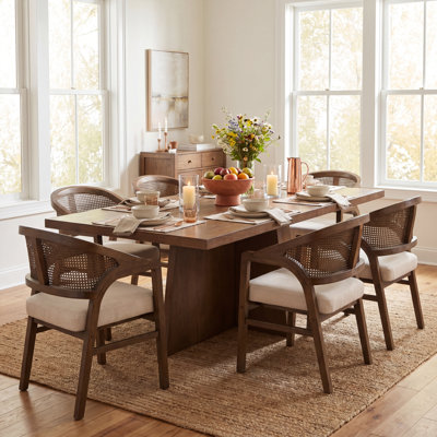 Stanley 7-Piece Mid-Century Modern Rubberwood Dining Set With Cane Back Upholstered Chairs