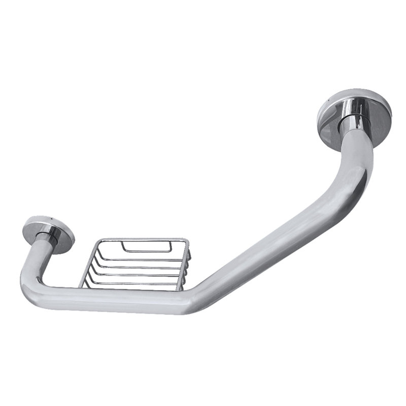 Kingston Brass Meridian 10-Inch x 12-Inch Angled Grab Bar with Soap Holder, Polished Stainless Steel