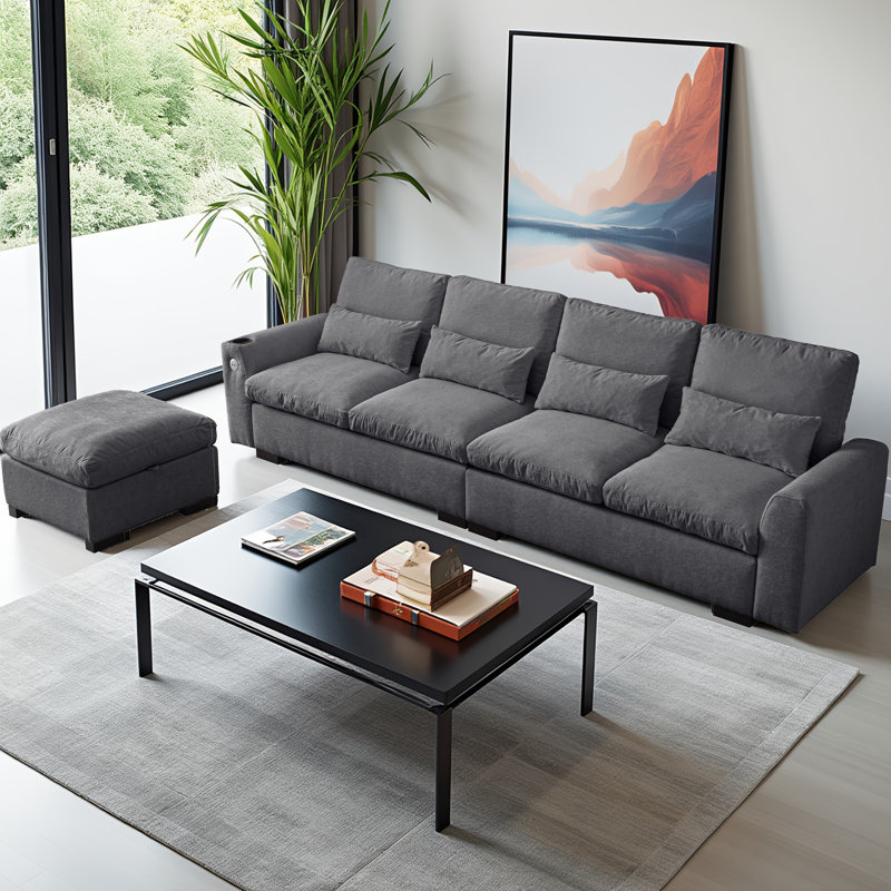 114.5" L-Shaped Sofa With Chenille Fabric,Movable Footrest,Removable and Washable Cushions,Modern Modular Couch with USB Ports & Cup Holder