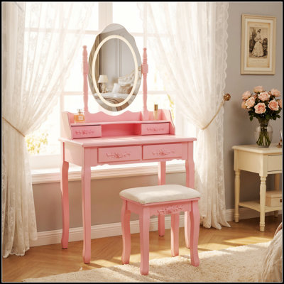 Princess Vanity Desk Set with Mirror & Cushioned Stool, 4-Drawer Wooden Makeup Vanity Table for Girls' Bedroom, Dressing Table with Ample Storage