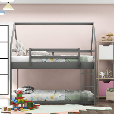 Low Bunk Twin Over Twin, Gray - House-Shaped Bed With Handy In For Adventure