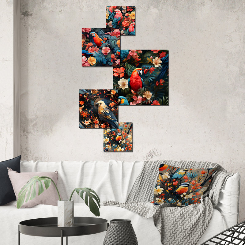 Tropical Sunset Parrots Metal Wall Art Set in Vibrant Colors