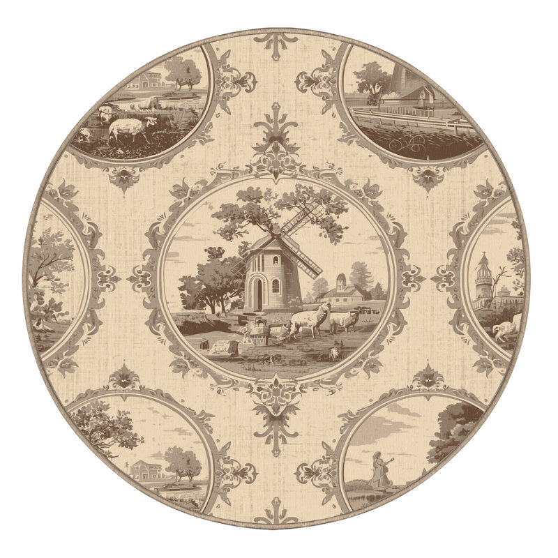 Tapis moelleux moelleux au look rétro de style rétro Dahill - beige, Rond 3 pi