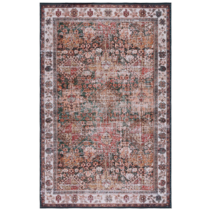 Pashen Oriental Red/Green/Yellow/Ivory Area Rug, Rectangle 5' x 8'