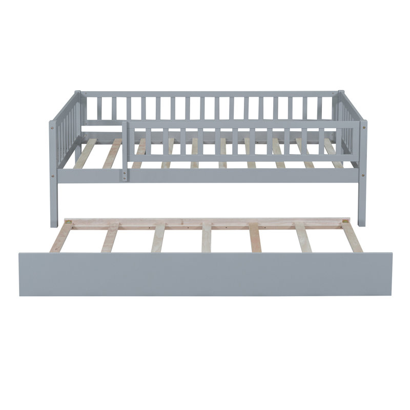 Wood Daybed With Trundle And Fence Guardrails, Gray, Twin