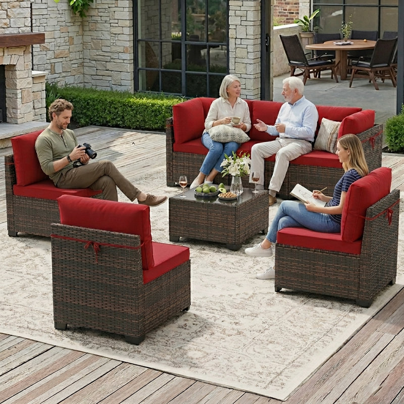 Ensemble de conversation modulaire en osier pour 6 personnes avec coussins, Rouge, Brun