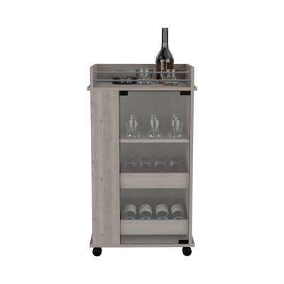 Bar Cart With Glass Door, 2-Side Shelves And Casters, Light Gray by Ophelia & Co.