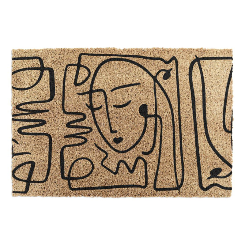 Bayport Line Art Faces Kitchen Mat, Black/Yellow