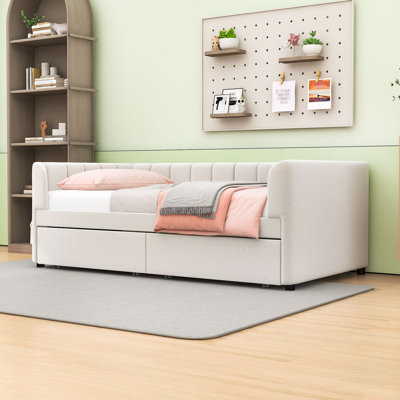 Twin Upholstered Daybed with Striped Backrest and Built-in Storage Drawers