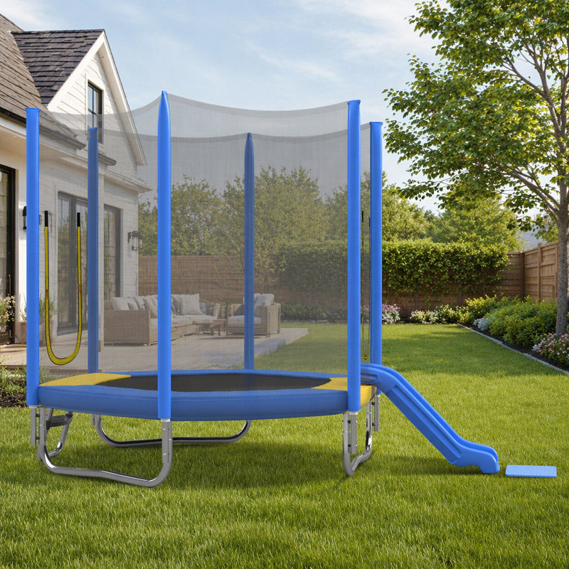 Trampoline hexagonal 7 pi pour enfants avec filet de sécurité, glissoire et échelle, facile à assembler, résistant aux rayons UV, bleu