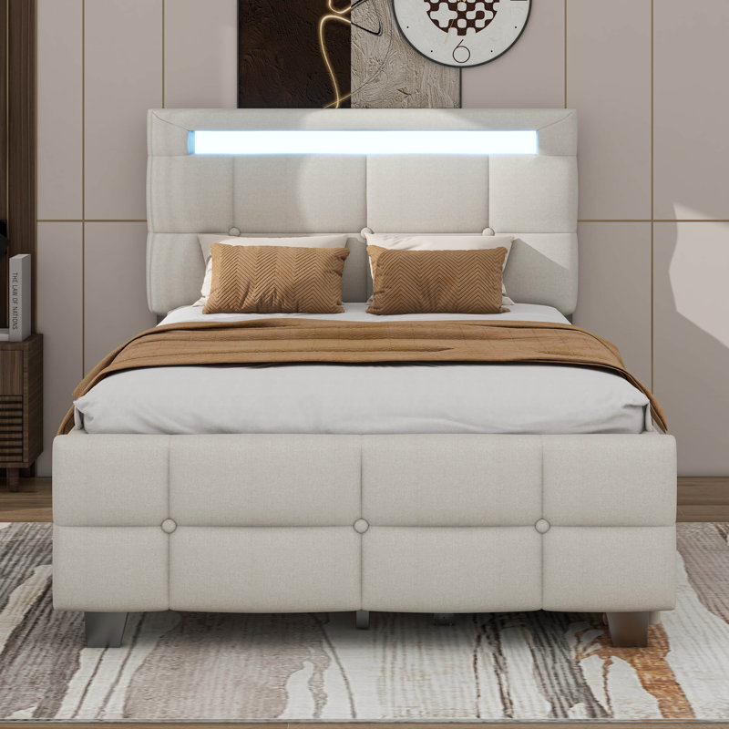 Twin Size Upholstered Platform Bed With LED Frame And 2 Drawers, Beige