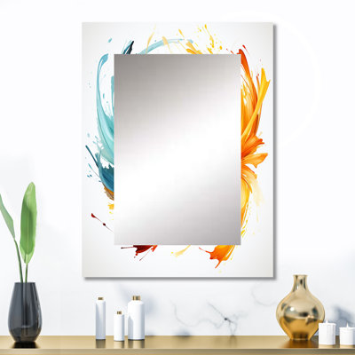 Mariage tourbillonnant d'ambre électrique et de bleu - grand miroir mural spirales abstraites, miroir décoratif moderne, impression d'art en métal