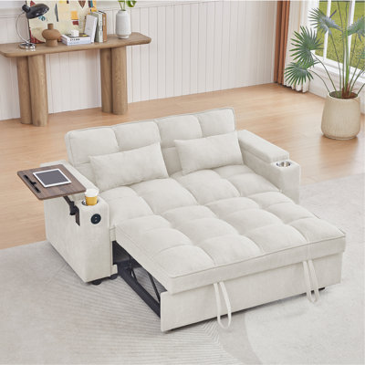 Canapé-lit en chenille avec accoudoirs avec rangement, port USB et table d'appoint