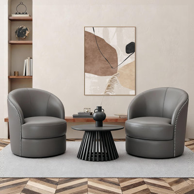 30'' W Top-Grain Genuine Leather Upholstered Swivel Barrel Chair