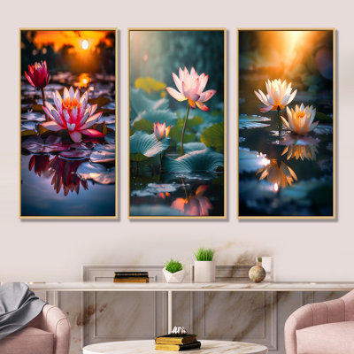 Lotus Pond At Sunset - Lotus Canvas Art Print Set Of 3