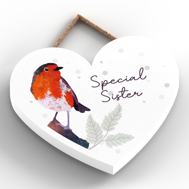 Special Sister Festive Robin Christmas Heart Wooden Plaque Vivid Squid Wholesale Wall Decor