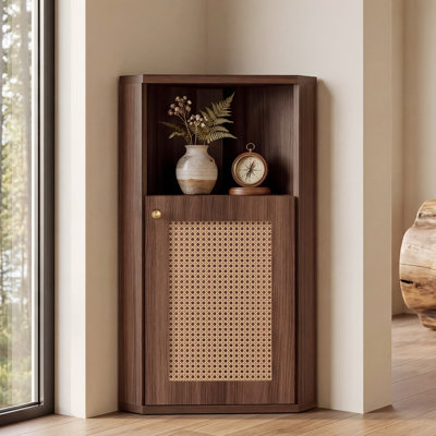 Armoire de coin de salle à manger autoportante de 31,5 po de hauteur, organisateur de rangement en rotin avec tablette réglable, armoire de coin compacte de style bohémien pour salle de bain