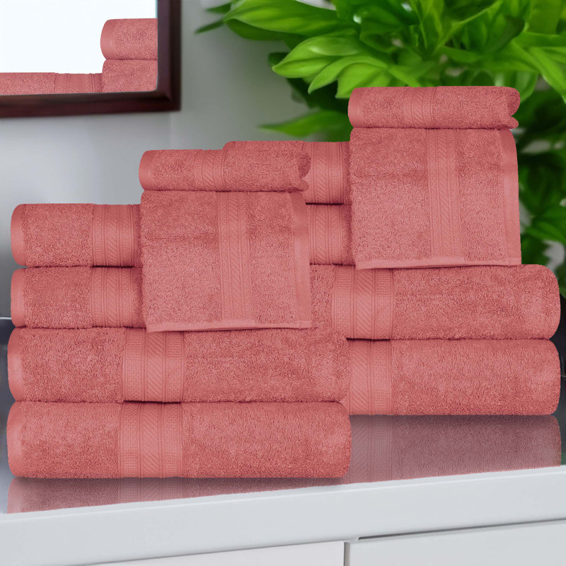 Atlas Cotton Plush Soft Highly-Absorbent Heavyweight Luxury 12 Piece Assorted Towel Set, Blush